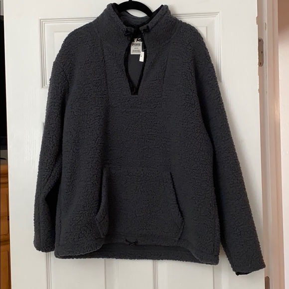 PINK Victoria's Secret Jackets & Blazers - VS PINK Black/Grey Fuzzy Sherpa 3/4 ZIP JACKET SWEATER
